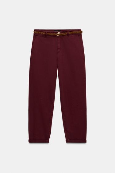 PANTALÓN CHINO CINTURÓN TRENZADO - Burdeos de Zara