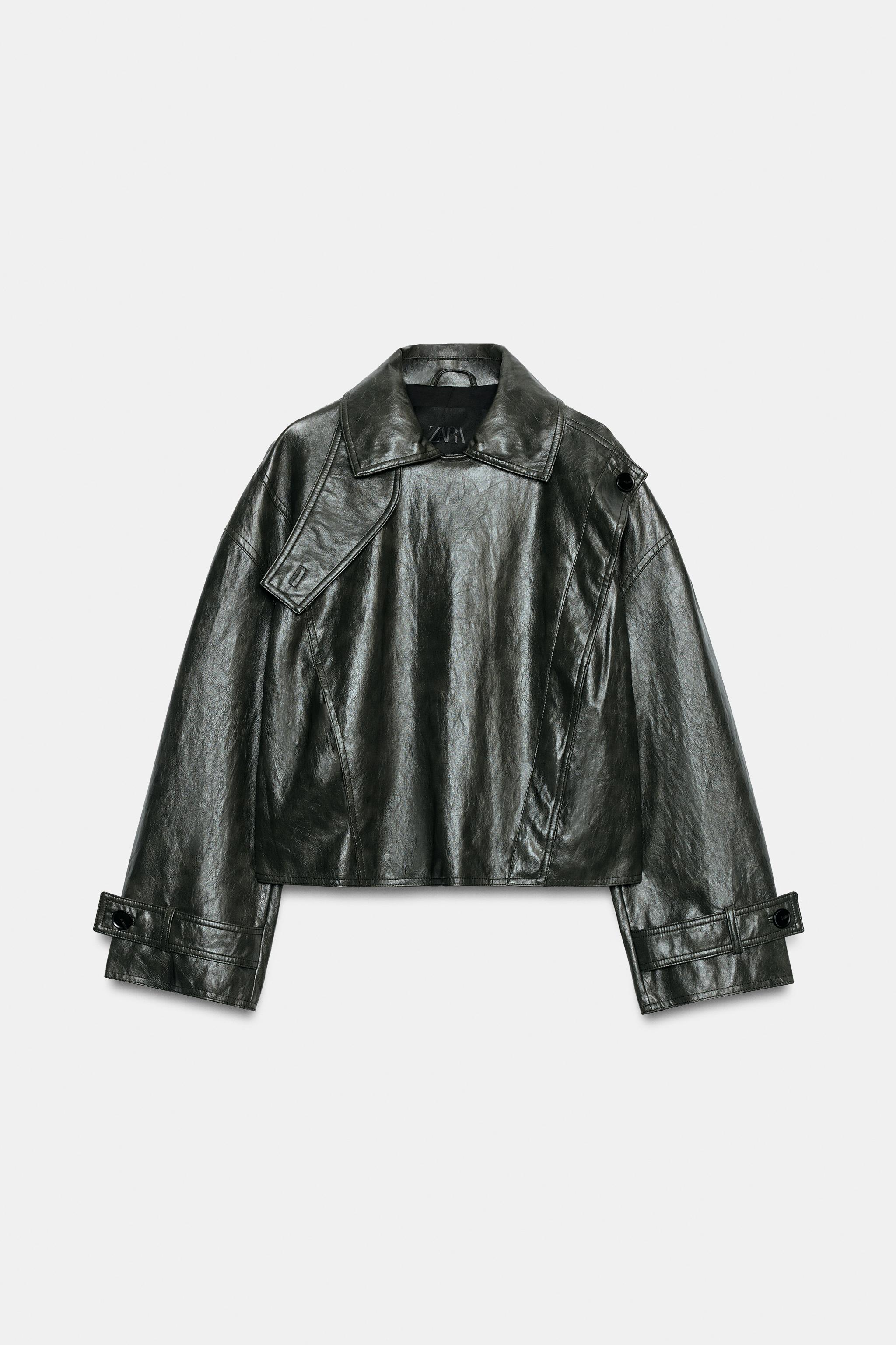 DOUBLE-BREASTED LEATHER EFFECT JACKET - Dark khaki | ZARA South Africa