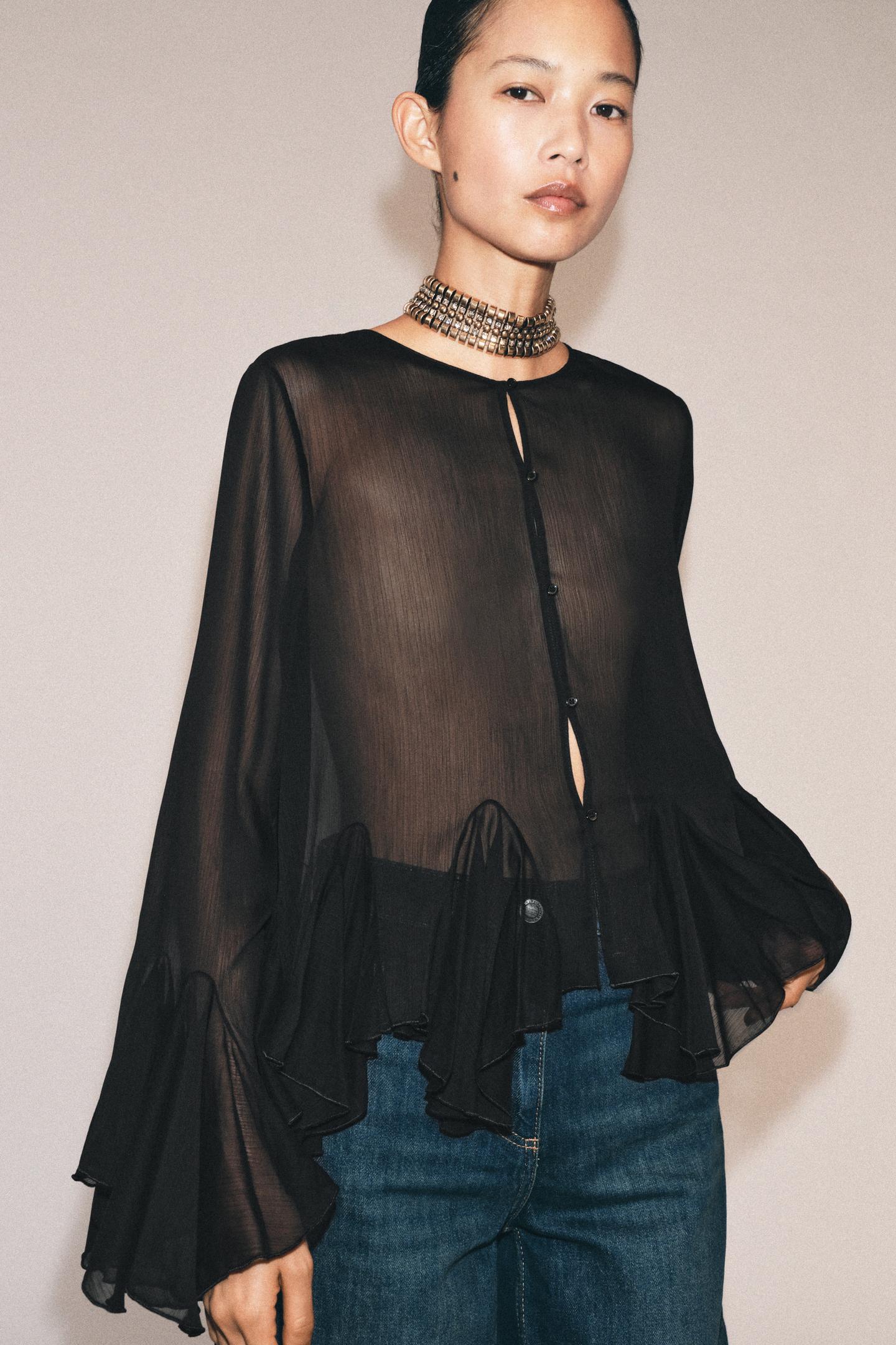 Женская рубашка Zara ZW Collection Flowy Ruffle, цвет: Чёрный — фото 2