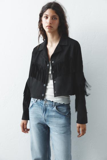 Zara FAUX SUEDE FRINGED JACKET - Black