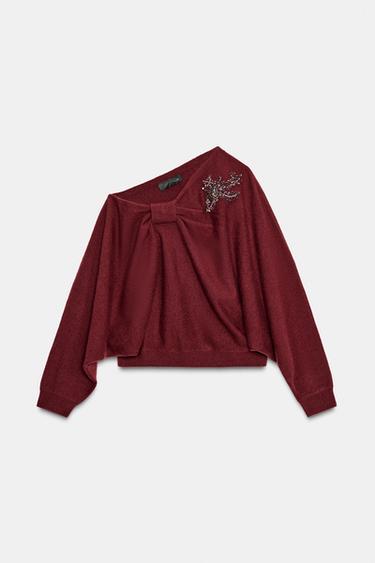 PULL ASYMÉTRIQUE EN MAILLE AVEC PIERRES - Grenat de Zara - Image 2