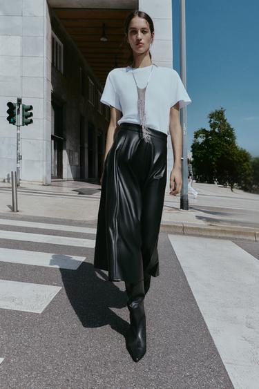 CONTRAST MIDI DRESS WITH LEATHER EFFECT SKIRT - Black / White by Zara - Image 0