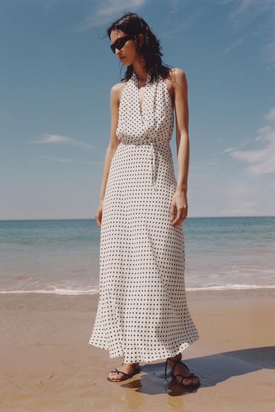 ZW COLLECTION POLKA DOT HALTER DRESS Oysterwhite ZARA India