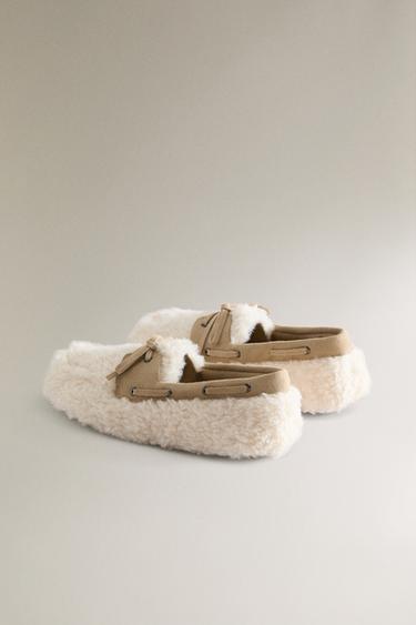 FAUX SHEARLING LEATHER LOAFER SLIPPERS - Beige by Zara - Image 3