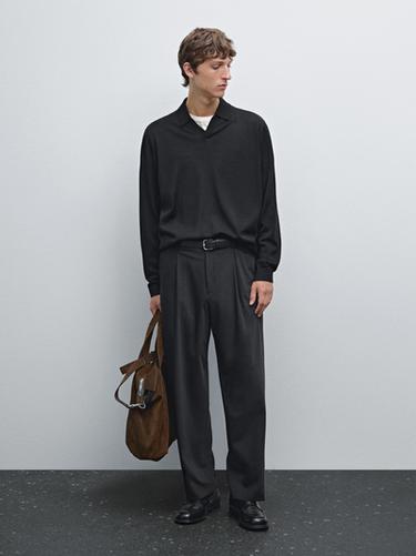 Zara 100% merino wool knit polo sweater - Black
