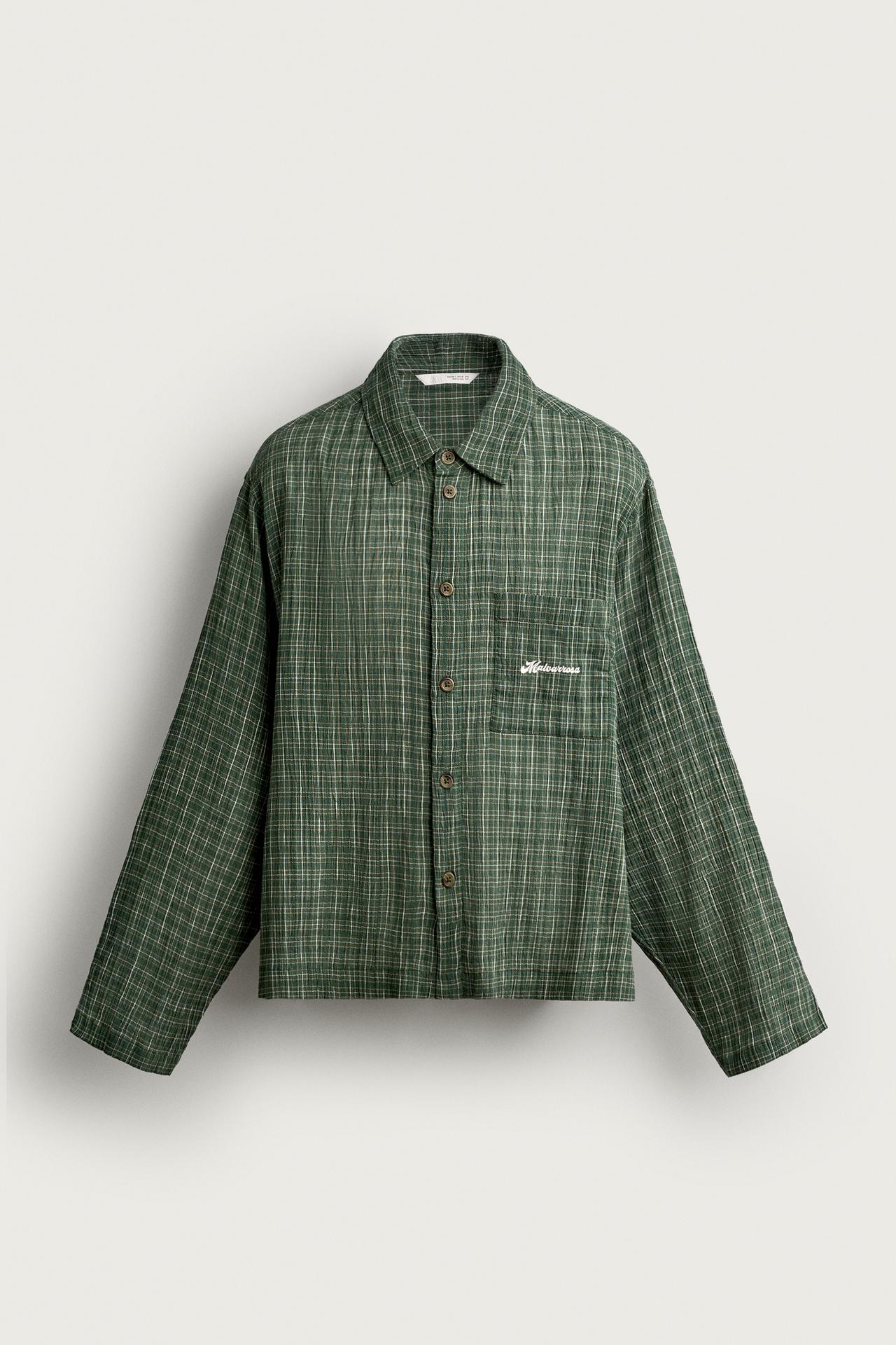 CONTRAST EMBROIDERY PLAID SHIRT — Green