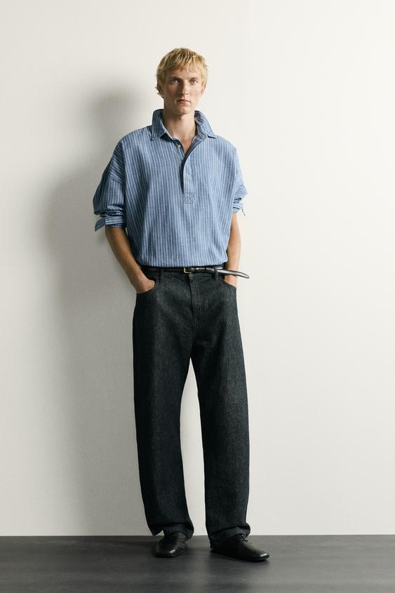 CHEMISE POLO EN DENIM LÉGER À RAYURES - Bleu de Zara - Image 0
