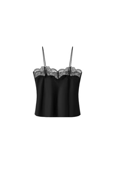 SATIN STRAPPY TOP WITH LACE TRIM - Black by Zara