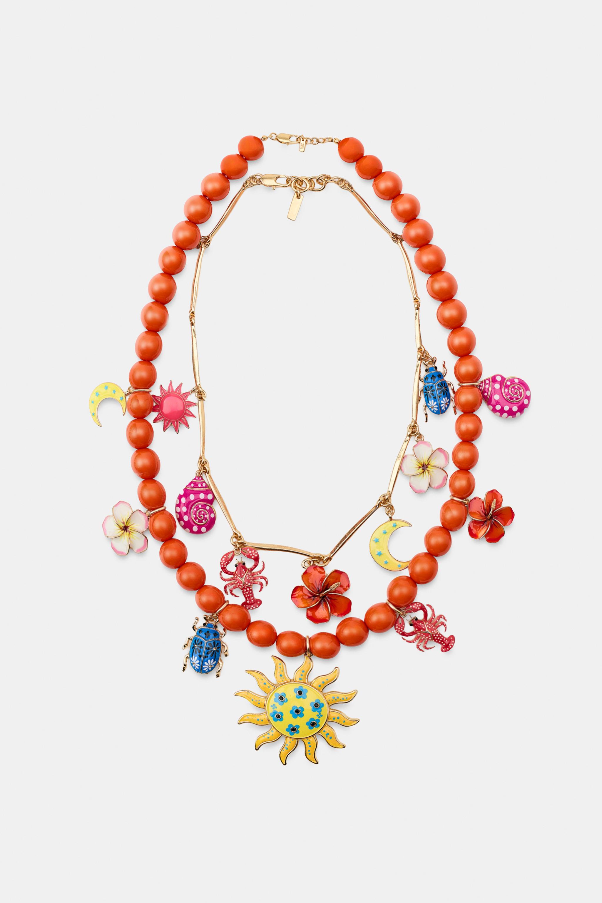 PACK OF 2 NECKLACES WITH BALLS AND SUN LOBSTER CHARMS — Multicolored