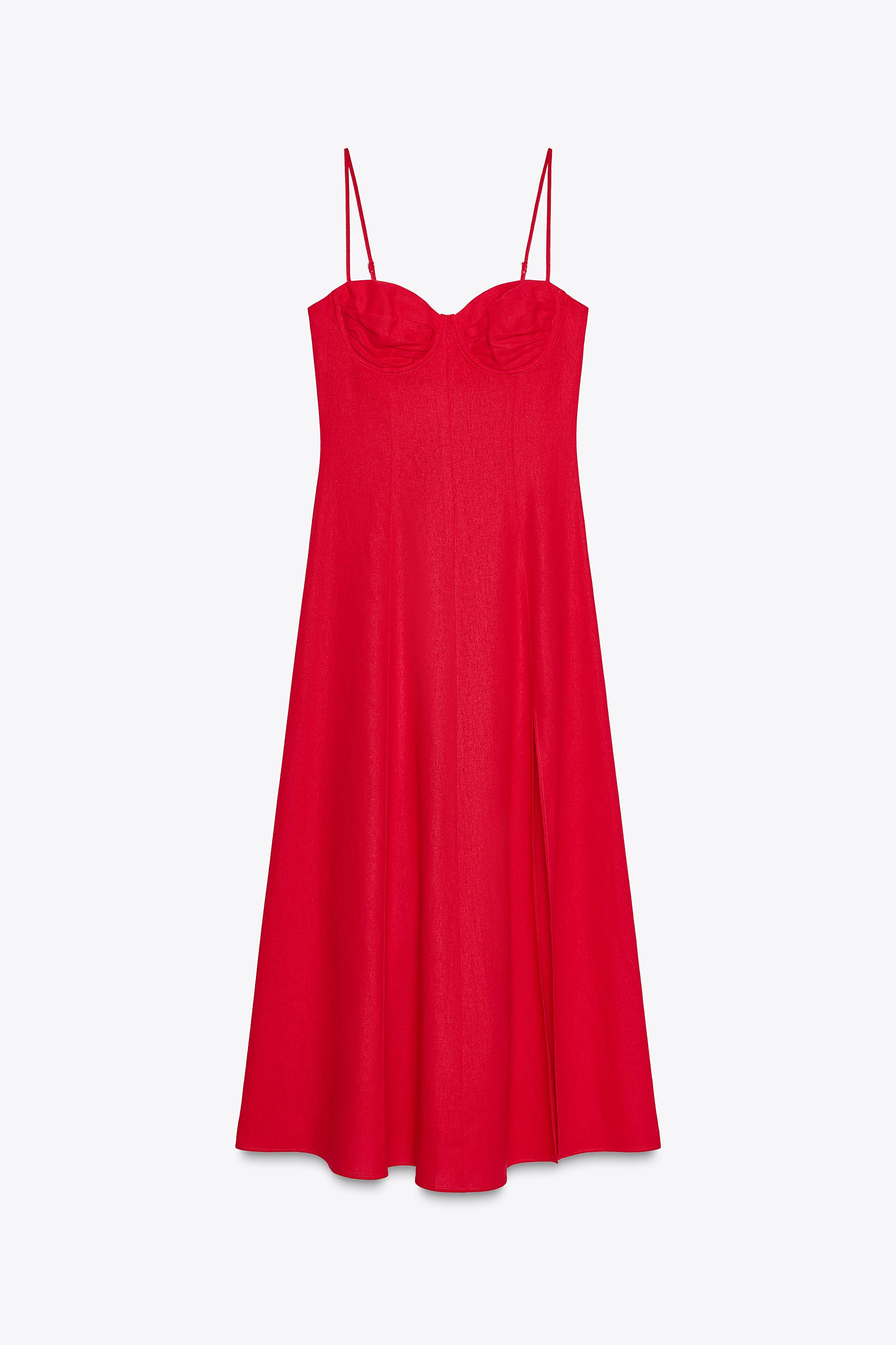 マロン LINEN MIDI CORSET DRESS - Red | ZARA United States