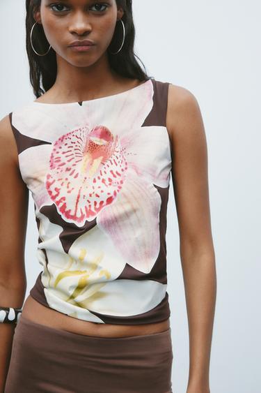 FLORAL POLYAMIDE TOP - Brown by Zara - Image 3