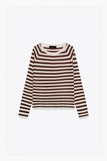 FINE KNIT STRIPED SWEATER - Ecru / Brown by Zara