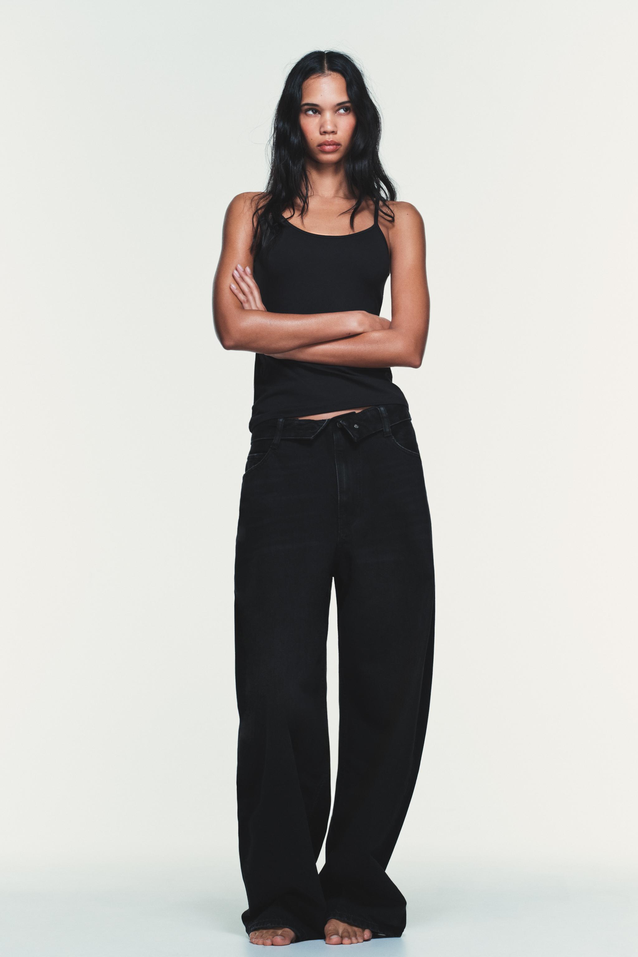 TRF ミッドライズ 折り返しウエスト デニムパンツ - ブラック | ZARA