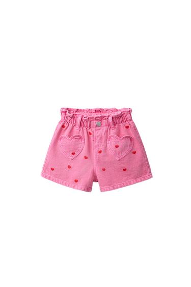 BERMUDA DENIM PAPERBAG CORAZONES BORDADOS - Rosa de Zara