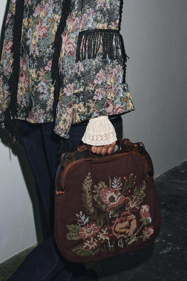 FLORAL EMBROIDERED BAG WITH TORTOISESHELL HANDLE - Aubergine by Zara - Image 1