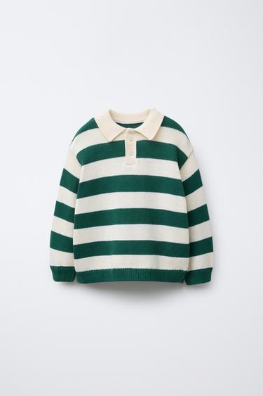 STRIPED POLO SWEATER - Ecru / Green by Zara