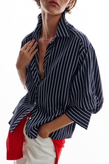 Zara STRIPED BALLOON SLEEVE SHIRT - Navy / White