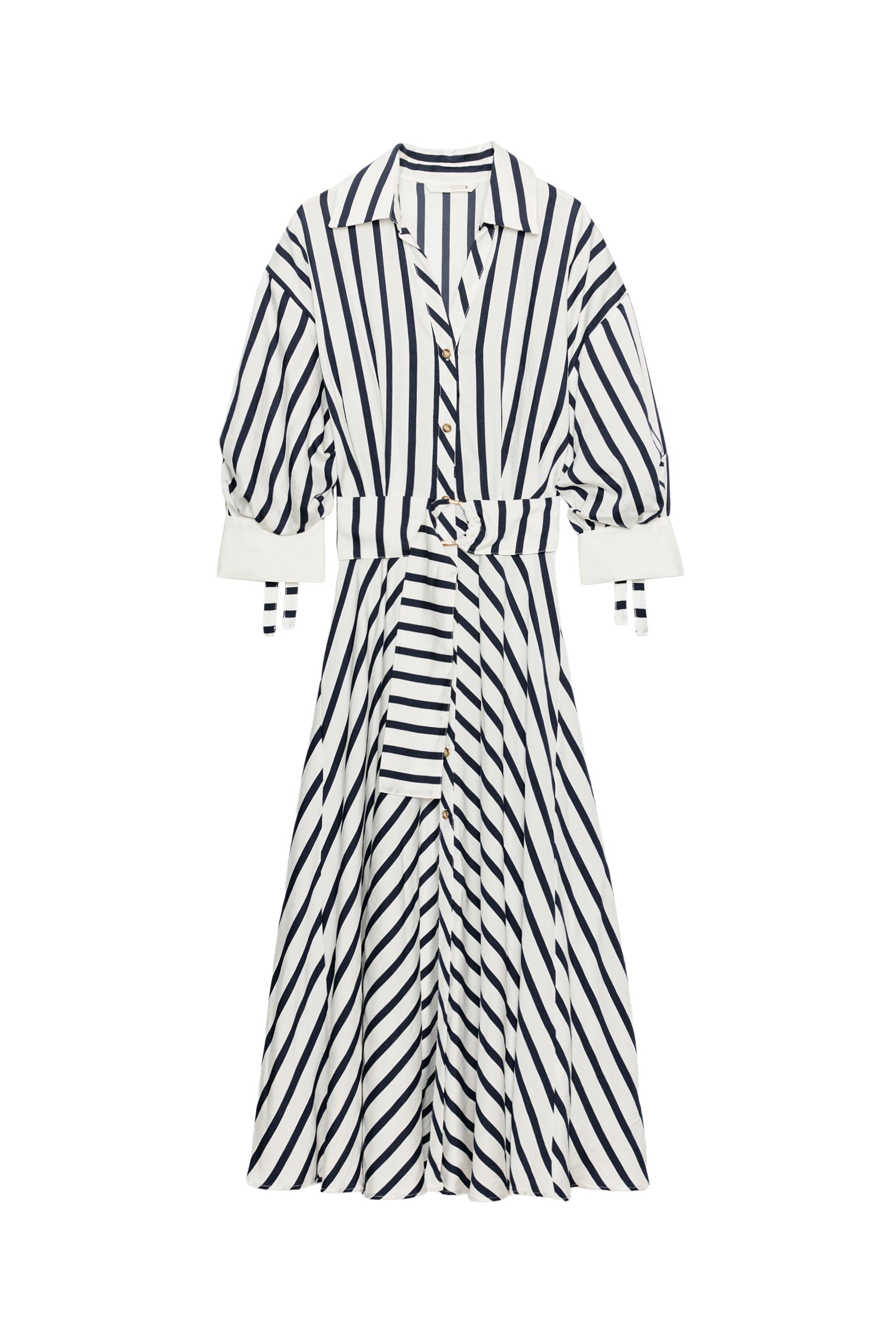 BELTED STRIPED MIDI DRESS - Navy / White | ZARA United States