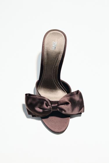 Zara SATIN FINISH MAXI BOW HEELED SANDALS - Brown