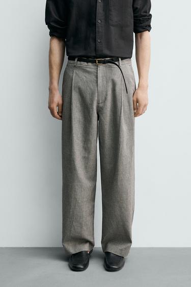 Zara RELAXED FIT LINEN - COTTON PANTS - Ecru / Black