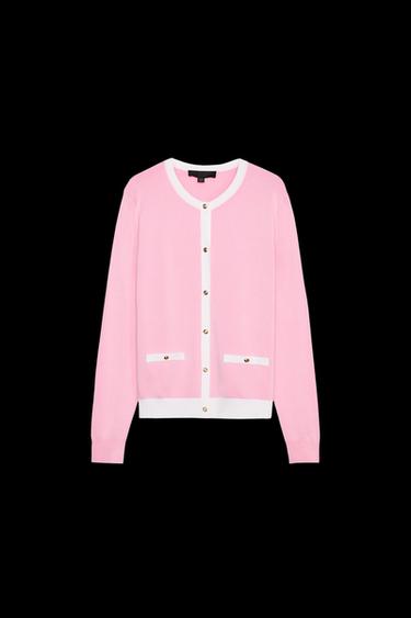 Zara CONTRAST TRIM KNIT JACKET - Pink / White - Image 0