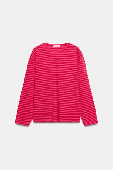 STRIPED COTTON AND LINEN T-SHIRT - Pink / Lilac by Zara