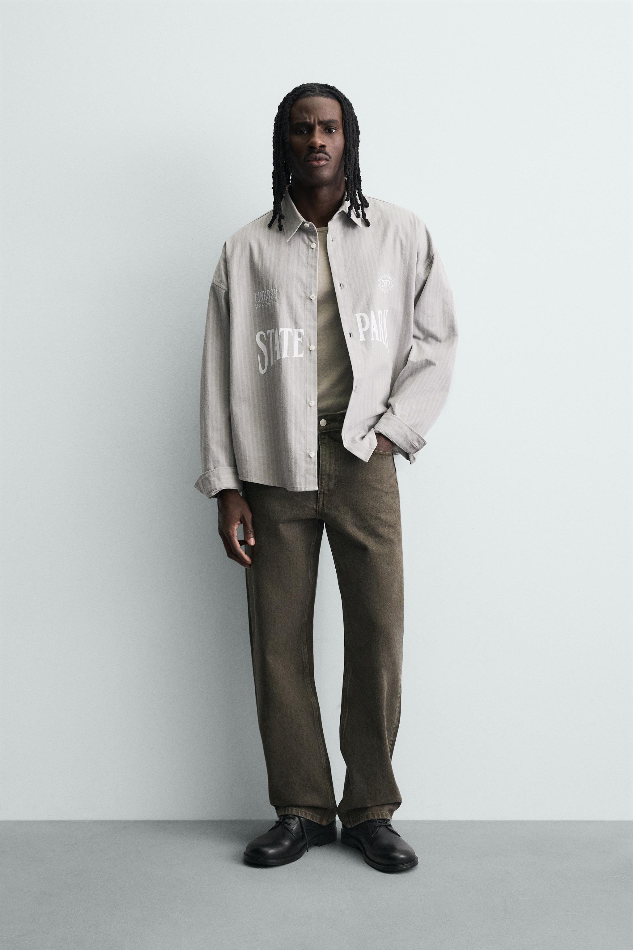 CONTRAST EMBROIDERY STRIPED SHIRT - Gray | ZARA United States