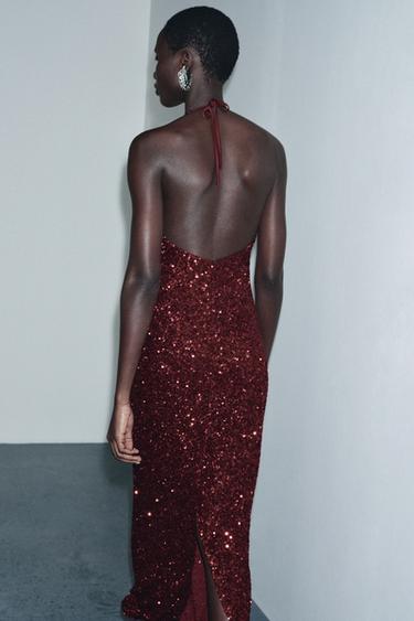 V-NECK SEQUIN DRESS - Dark burgundy by Zara