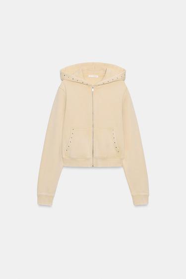 Zara STUDDED HOODIE SWEATSHIRT - Butter