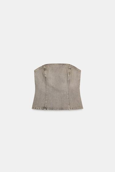 DENIM BANDEAU TOP - Taupe grey by Zara - Image 0