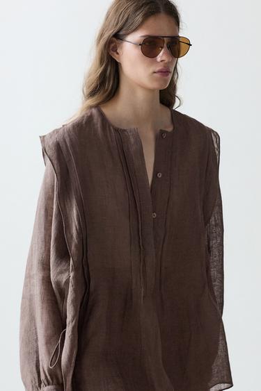 Zara Flowing oversize linen blouse with ruffles - Brown