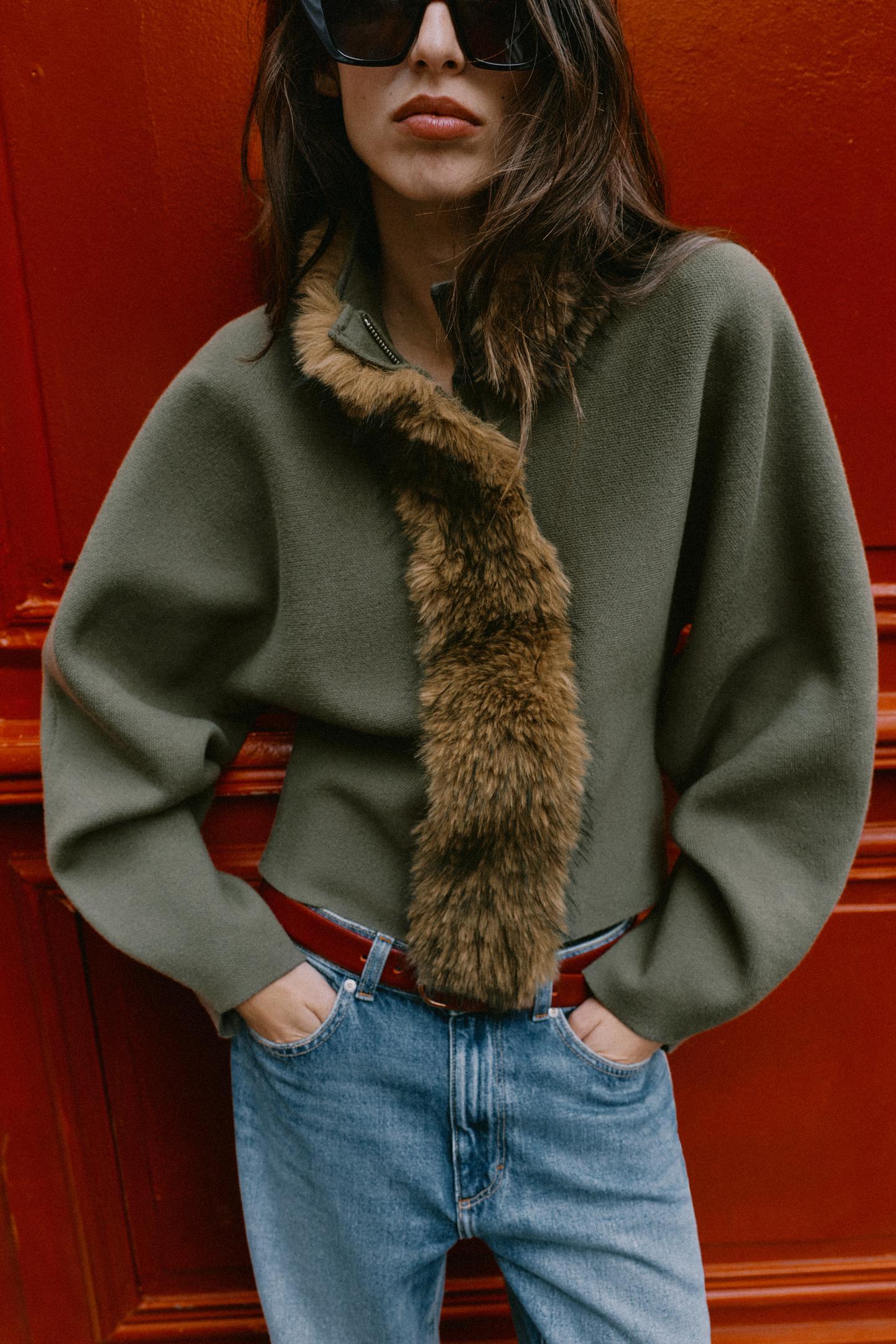 Женский кардиган Zara Combined Faux Fur Effect, цвет: Хаки — фото 2