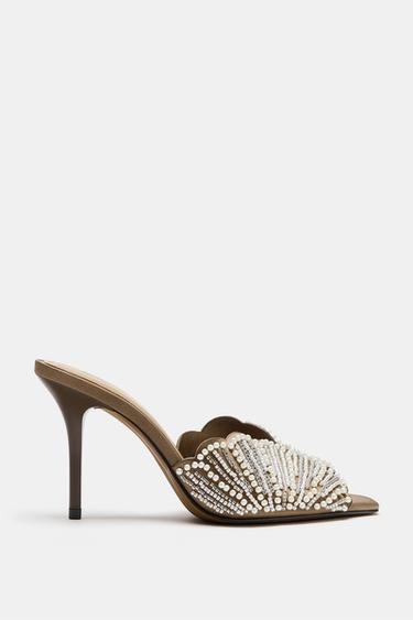 FAUX PEARL HEELED BACKLESS SANDALS — Mauve Purple 2