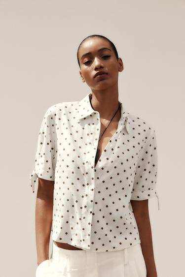 CAMISA MANGA CORTA LAZOS CON LINO - Crudo / Marrón de Zara
