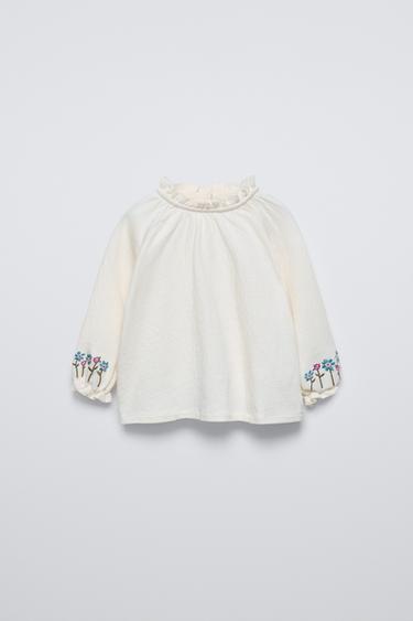 Zara EMBROIDERED FLOWER T-SHIRT - Light beige