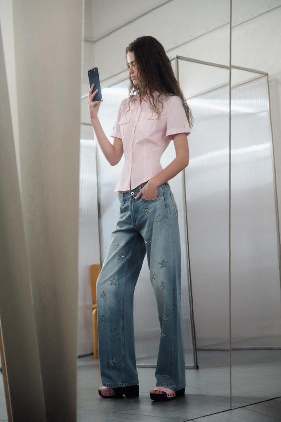 TRF WIDE LEG RHINESTONE LOW RISE JEANS