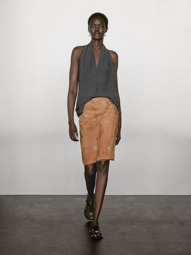 Zara Suede leather skirt with rhinestone detail - Dark mink