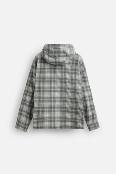 HOODED CHECK OVERSHIRT - Grey by Zara - Image 7