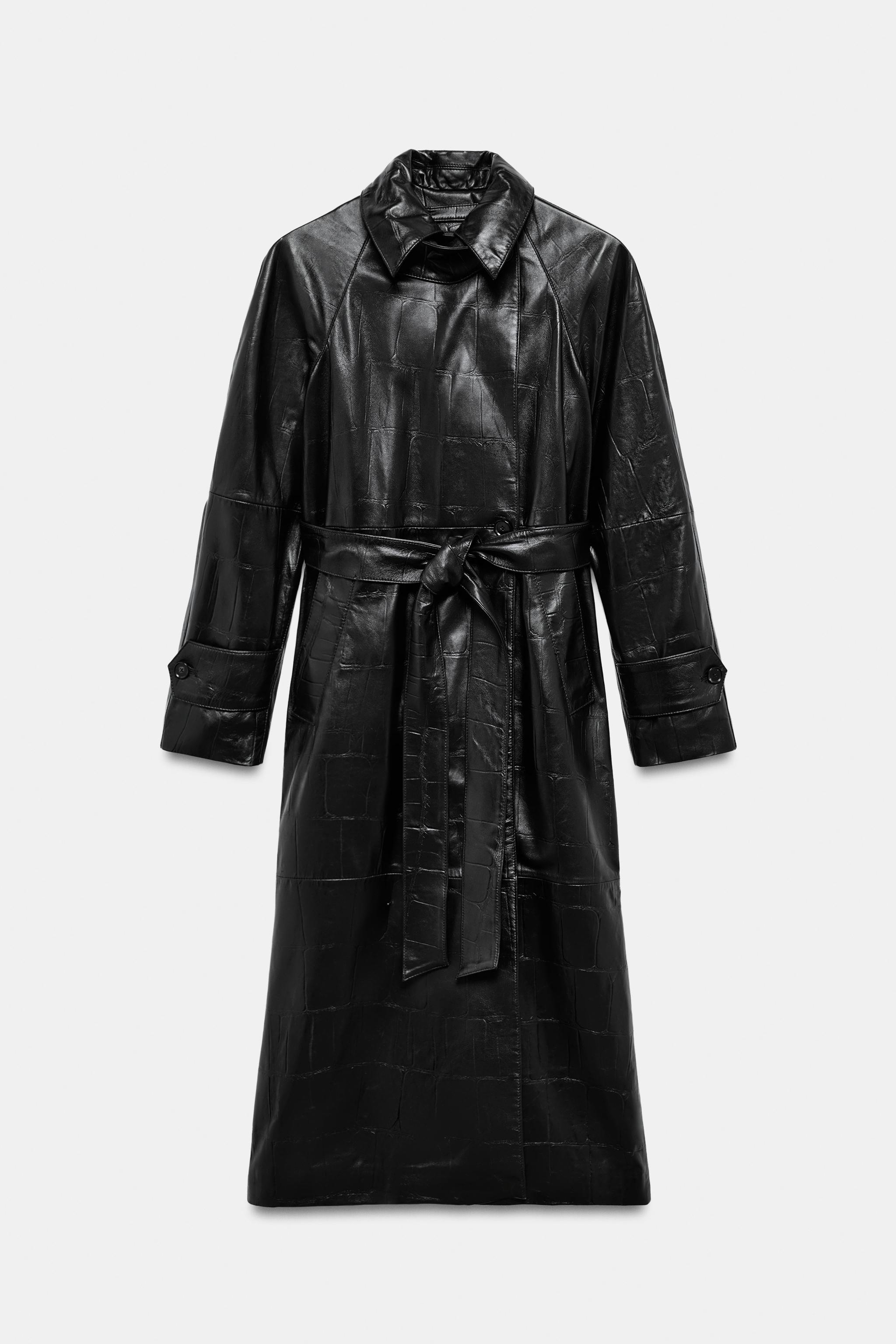 100% LEATHER LONG TRENCH COAT ZW COLLECTION — Black