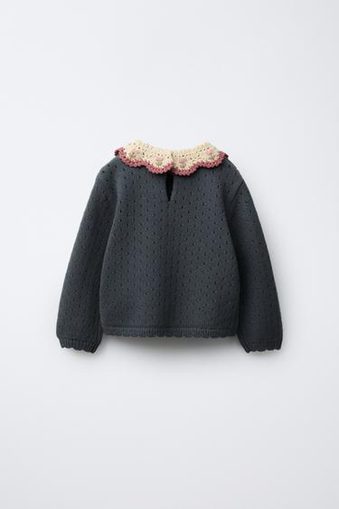 KNIT SWEATER WITH CROCHET COLLAR - Mid-blue by Zara - Image 1