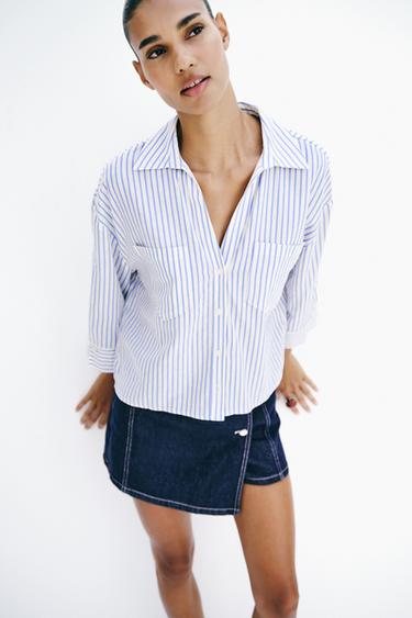 FLOWING LINEN BLEND SHIRT - Blue/White by Zara