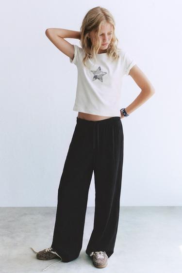 БРЮКИ WIDE LEG С ЖАТЫМ ЭФФЕКТОМ — ЧЕРНЫЙ от Zara