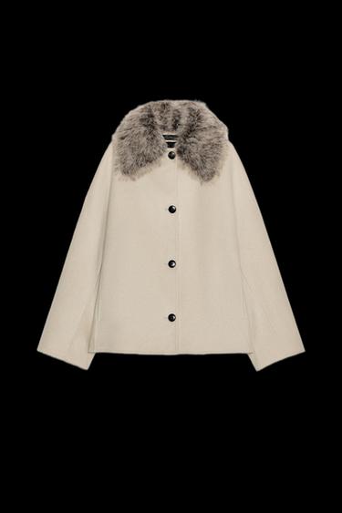 Zara WOOL BLEND FAUX FUR COLLAR JACKET ZW COLLECTION - Beige - Image 0