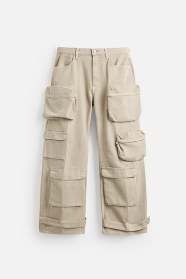 DENIM CARGO TROUSERS WITH POCKETS - camel by Zara