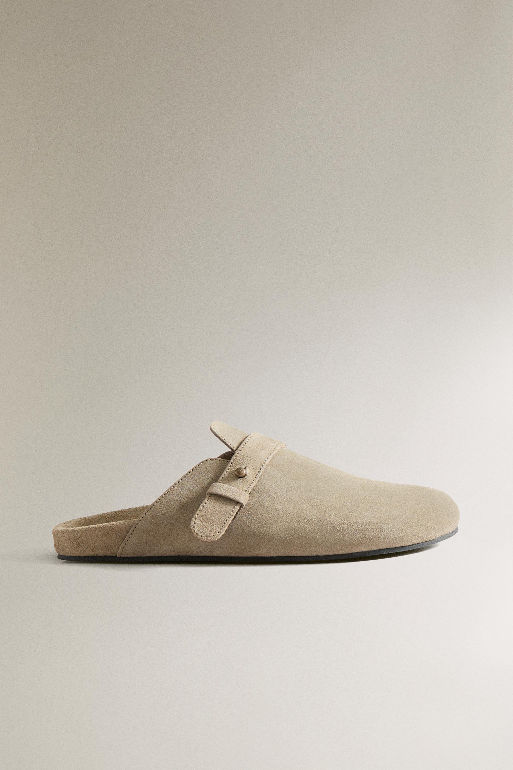 LEATHER MULE CLOG SLIPPERS WITH STUD DETAIL - Taupe Gray | ZARA