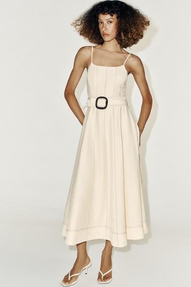 LINEN BLEND MIDI DRESS WITH CONTRAST STITCHING - Ecru by Zara