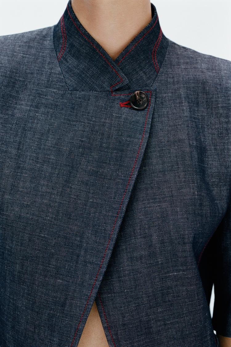 Blazer de manga corta de mezcla de lino con costuras de contraste 3