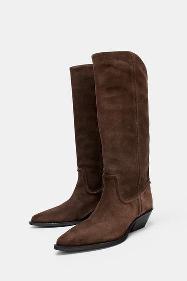 SPLIT SUEDE COWBOY HEELED BOOTS - Brown by Zara - Image 3