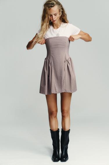 Zara GINGHAM BUSTIER MINI DRESS - Pale pink
