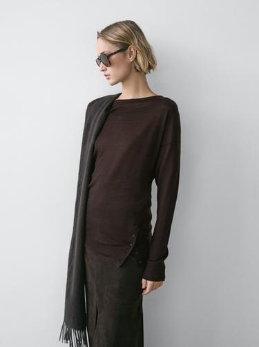 Zara Draped wool blend top with batwing sleeves - Dark brown